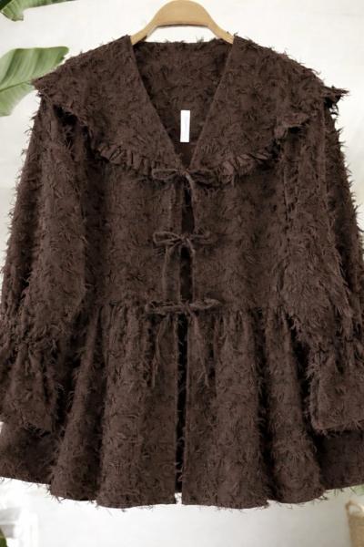 Sakallı keten kumaş bağcıklı  Ceket Kahve TB8069