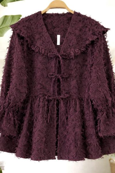 Sakallı keten kumaş bağcıklı  Ceket mürdümTB8069