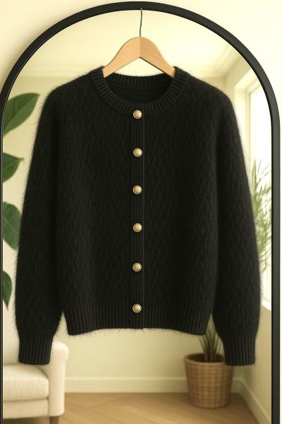 Sakallı Metal Düğmeli triko Hırka Siyah SLT8043