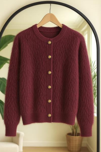 Sakallı Metal Düğmeli triko Hırka Bordo SLT8043