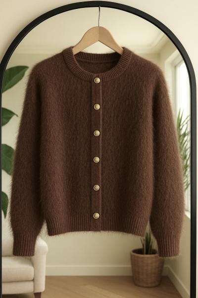 Sakallı Metal Düğmeli triko Hırka Kahverengi SLT8043