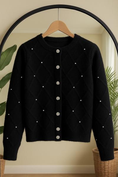 Sakallı Taş işlemeli Yumoş Hırka Siyah SL8034