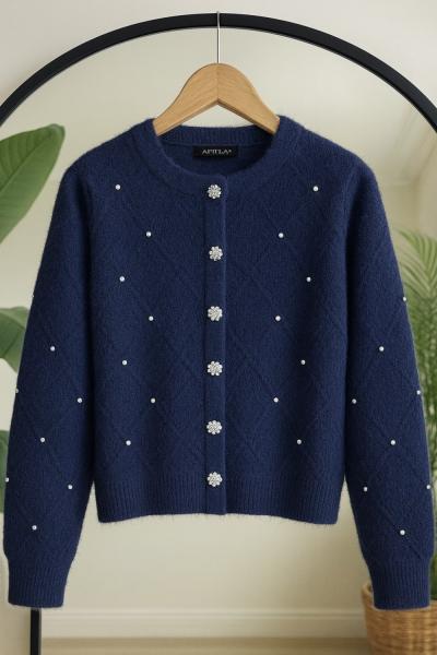 Sakallı Taş işlemeli Yumoş Hırka lacivert SL8034