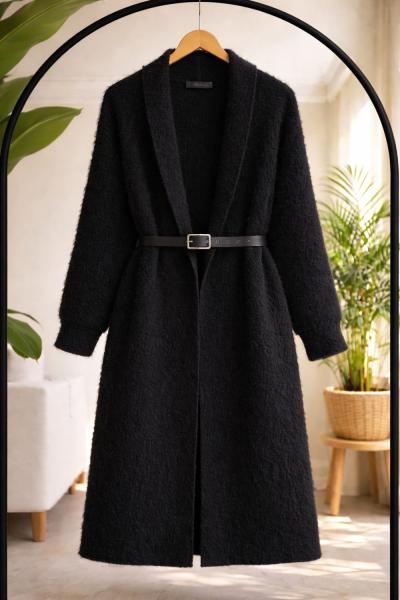 Sakallı uzun angora Hırka Kap Siyah TCN40149