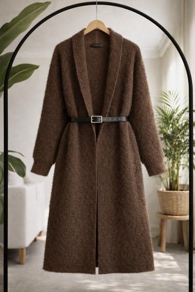 Sakallı uzun angora Hırka Kap Kahverengi TCN40149