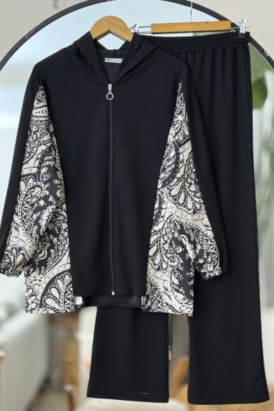Şal desen Fermuarlı oysh ikili Takım Siyah UMS50322