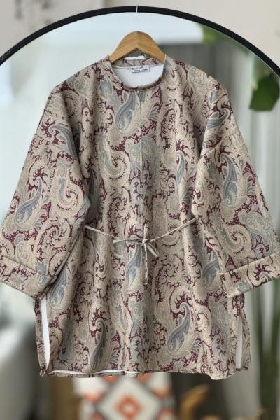 Şal desen Seyyar kuşaklı tunik Bordo BK9514