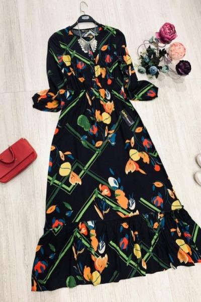 Sarı yapraklı viskon kumaş elbise Siyah UMS950