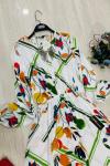 Sarı yapraklı viskon kumaş elbise Beyaz UMS950