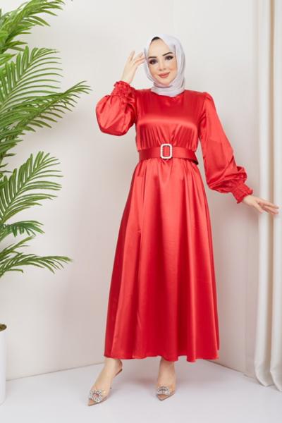 Saten kemerli kiloş elbise kırmızı TBT3059