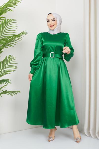 Saten kemerli kiloş elbise  yeşil TBT3059