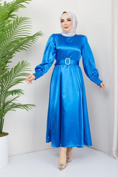 Saten kemerli kiloş elbise mavi TBT3059