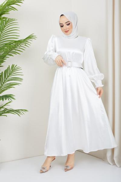 Saten kemerli kiloş elbise Beyaz TBT3059