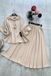 Scuba Krep Kumaş Etek Blüz Takım Bej UMS1190