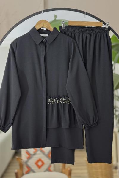 Scuba kumaş fırfırlı taş detaylı Takım Siyah YRN30520