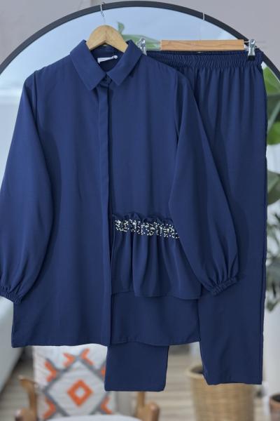 Scuba kumaş fırfırlı taş detaylı Takım Lacivert YRN30520