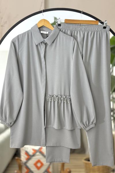 Scuba kumaş fırfırlı taş detaylı Takım Gri YRN30520