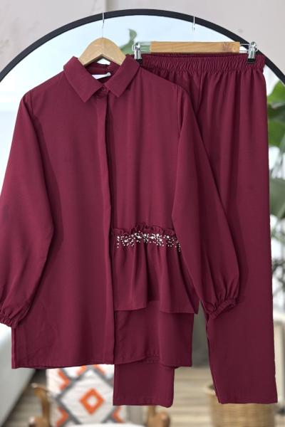 Scuba kumaş fırfırlı taş detaylı Takım Bordo YRN30520
