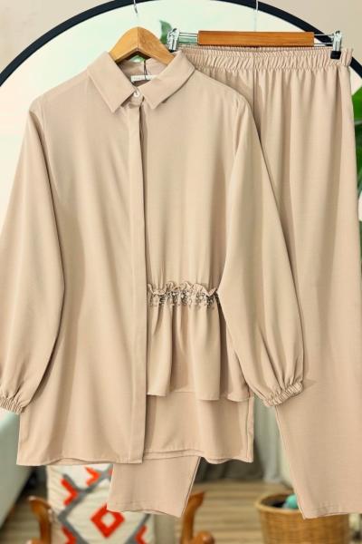 Scuba kumaş fırfırlı taş detaylı Takım Bej YRN30520