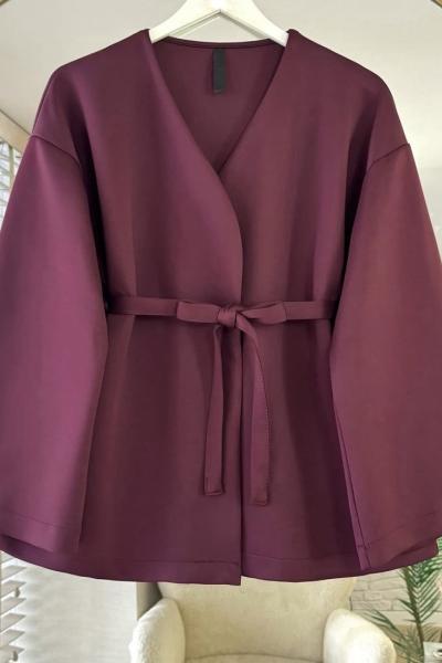 Scuba kumaş ön bağlamalı Kimona ceket Bordo DS2053