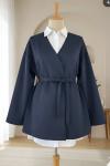 Scuba kumaş ön bağlamalı Kimona ceket Lacivert  DS2053