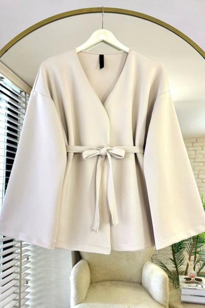 Scuba kumaş ön bağlamalı Kimona ceket Bej DS2053