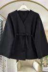 Scuba kumaş ön bağlamalı Kimona ceket Siyah  DS2053