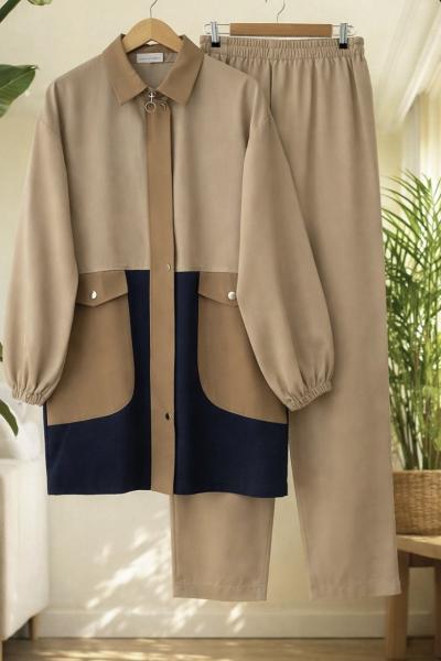 Scuba Kumaş Renkli İkili Takım Bejvizon YRN30510