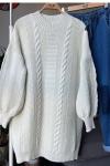 Selanık örgü balon kol kalın triko tunik Beyaz  TCN4015