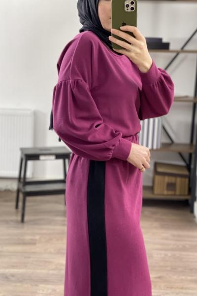 1479 Selanik kumaş yan şeritli etek takım mürdüm