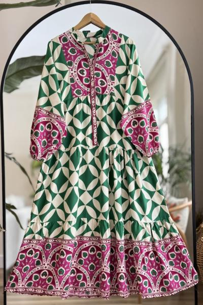 Selen Yarım Düğme Rahat Kalıp Viskon Elbise Yeşil UMS 50141