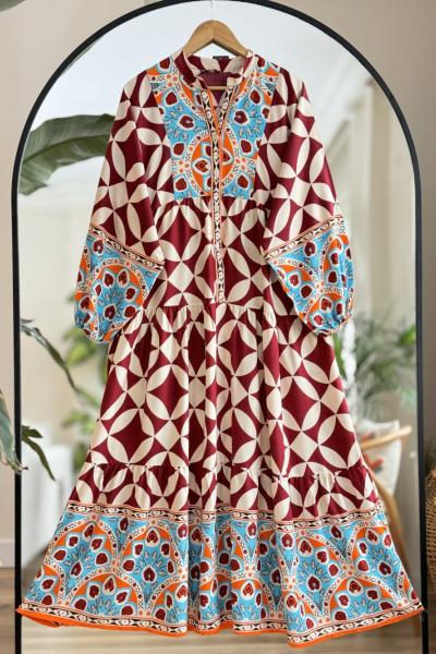 Selen Yarım Düğme Rahat Kalıp Viskon Elbise  Kiremit UMS 50141