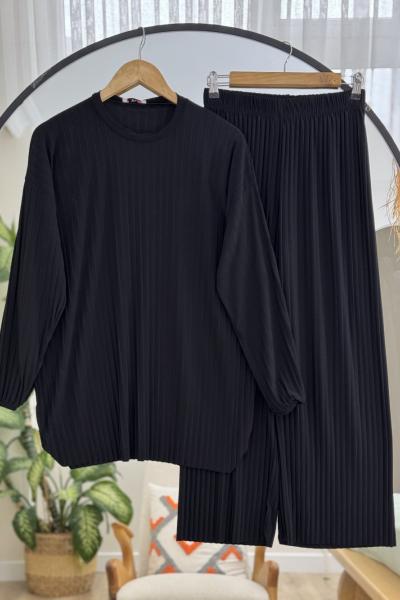 Sendy Kumaş fulpiliseli Pantolonlu Takım Siyah NV4517