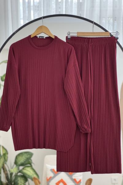 Sendy Kumaş fulpiliseli Pantolonlu Takım Bordo  NV4517
