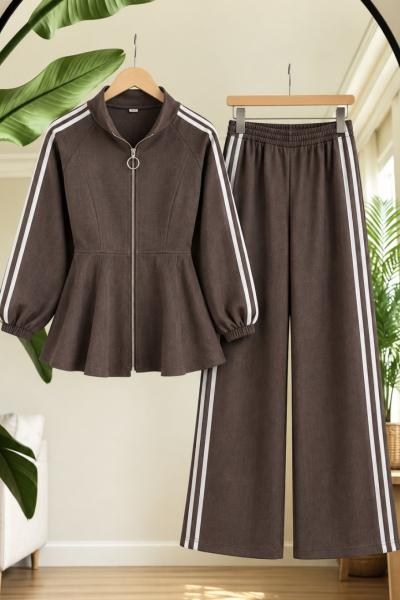 Şeritli  fermuarlı Kot pantolon Takım kahve BT6513