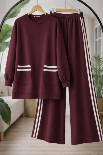 Şeritli cepli Oysh Takım Bordo HT8093