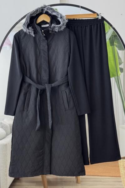 seyyar kapşonlu üçlü Kapitone Takım Siyah UMS50325