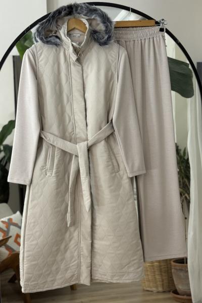 seyyar kapşonlu üçlü Kapitone Takım Bej  UMS50325