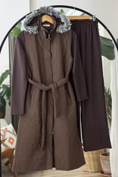 seyyar kapşonlu üçlü Kapitone Takım Kahve UMS50325