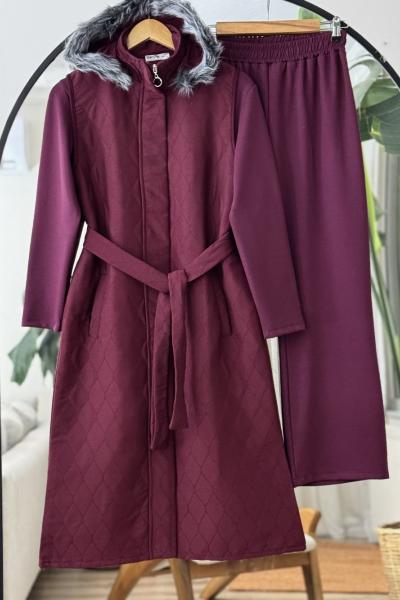 seyyar kapşonlu üçlü Kapitone Takım Bordo  UMS50325