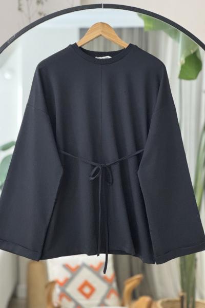 Seyyar Kuşaklı ispanyol kol Tunik Siyah  DS2054