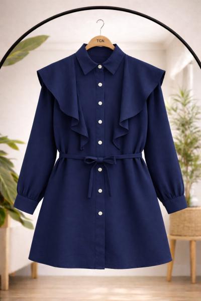 Seyyar pelerinli Kuşaklı Keten Tunu Lacivert TCN40164