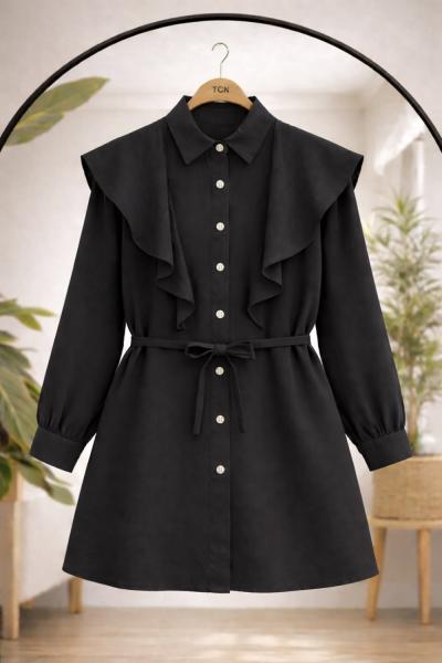 Seyyar pelerinli Kuşaklı Keten Tunu Siyah TCN40164