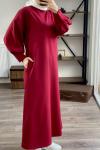 shr398 kol manşetli iki iplik kumaş elbise bordo