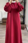 shr398 kol manşetli iki iplik kumaş elbise bordo