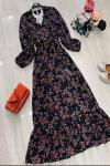 Şifon Astarlı Çiçek Desenli Elbise Sıyah UMS625