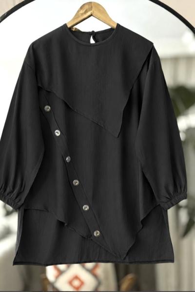 Simetrik Kesim  Düğmeli Tunik Siyah TCN4098