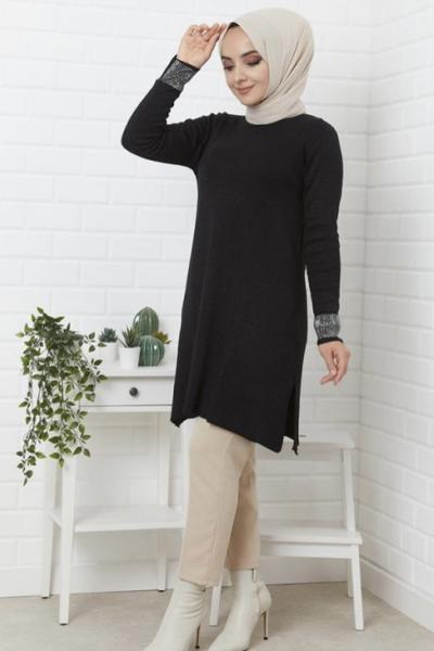 Simli kol taşlı triko Tunik Siyah NFS14243