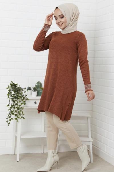 Simli kol taşlı triko Tunik Tarçın NFS14243