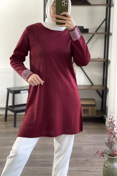 Simli kol taşlı triko Tunik BORDO NFS14243